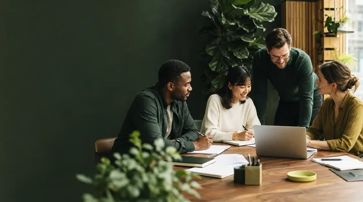 A collaborative team planning together in a modern workspace.